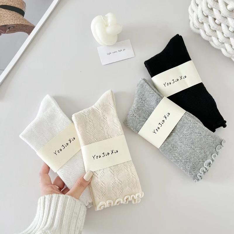 Women Socks with Lace Trim Hollow-Out Mesh Breathable Slouch Summer Spring Socks Solid Color Trendy and Versatile for Ins