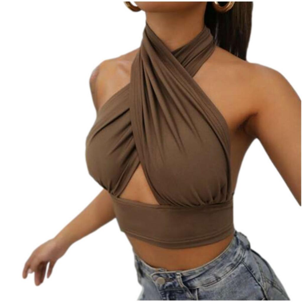 Women's Summer Solid Color Cross Halter Vest Sexy Backless Sleeveless Slim Fit Top for Party