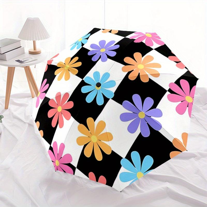 1pc Floral Checkered Automatic Open/Close Umbrella, Portable Folding Umbrella for Travel, Themed Events, It is suitable as a gift for various festival