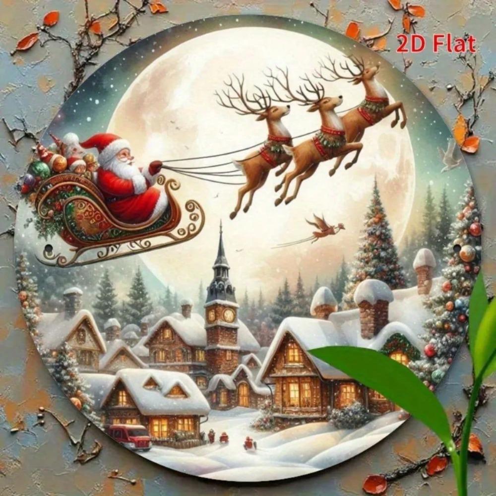 Vintage Santa Claus Sleigh Metal Wall Decor 2D Flat Christmas Decoration Reindeer Winter Village Tin Sign