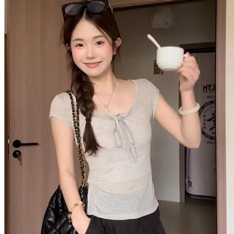 Korean Pure Desire Wind Shoulder Lace-up Short-sleeved T-shirt Women's Summer Niche Slim-fitting and Thin Short Top New
