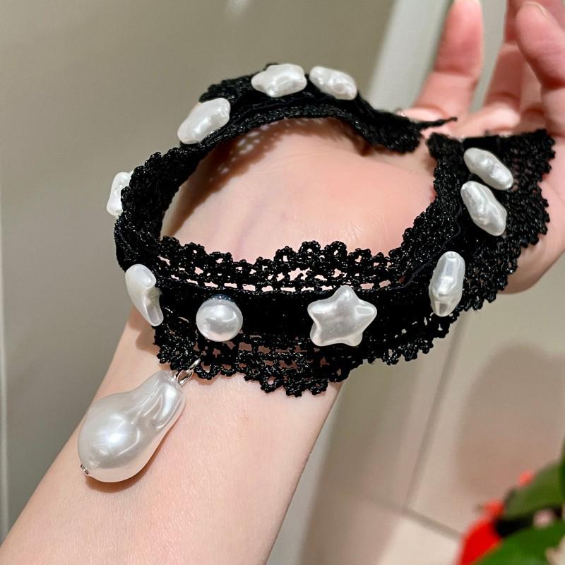Женское многослойное чокер-ожерелье с черным кружевом, жемчугом, луной и звездами - Неправильная жемчужная цепочка для свитера