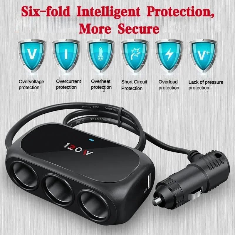 3-fach-Zigarettenanzünder-Splitter fürs Auto, Dual-USB, LED-Schnellladegerät, 120 W, 12 V, 24 V, Autoladegerät-Adapter für iPhone, GPS, Dashcam