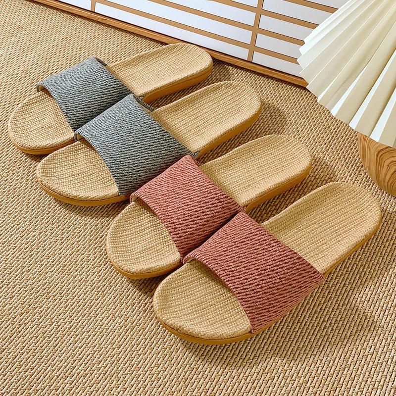 Fashion 2024 Summer New Linen Slippers Couple Summer Thick Bottom Slippers Home Indoor Comfortable Non Slip Slippers