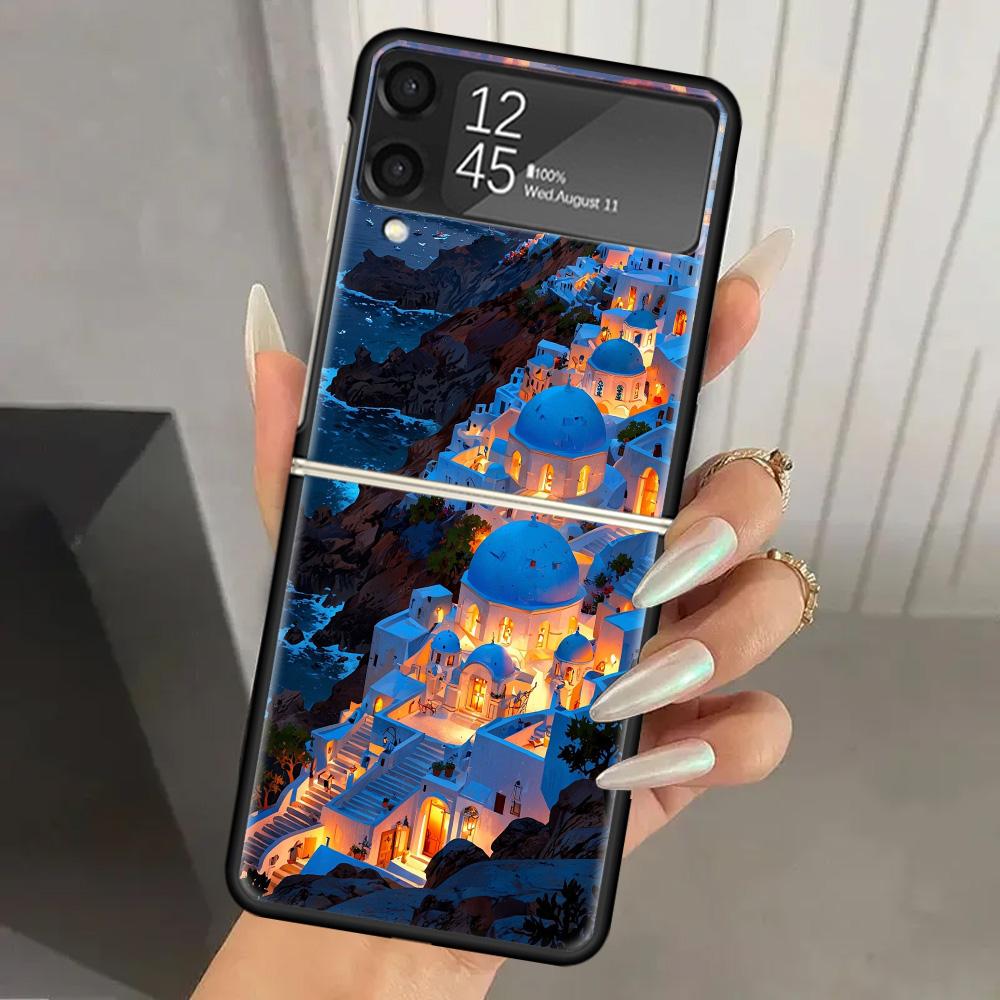 Griechenland Im Sommer Santorini Harte PC Handyhülle Für Samsung Galaxy Z Flip 7 6 5 4 3 Schwarz ZFlip7 ZFlip6 Flip5 Flip4 Flip3 5G Druck