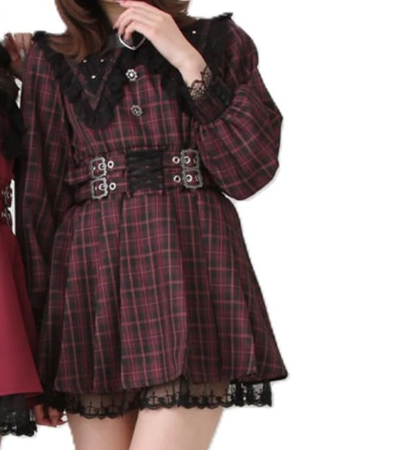 

Spider Lace Horn Collar Belt Dress, Purple Check, LL, Yumetenbo
