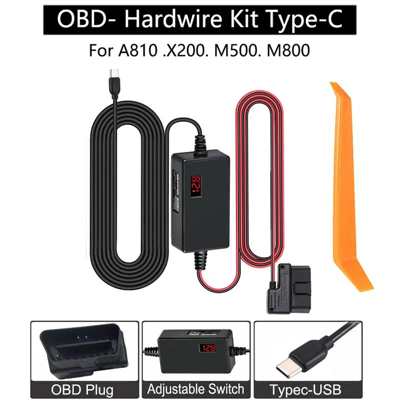 

для 70mai Dash Cam A810 OBD Hardwire Kit Кабель питания Тип USB C Порт 10 футов 12 В-24 В до 5 В для Dash Camera Защита от низкого напряжения чёрный