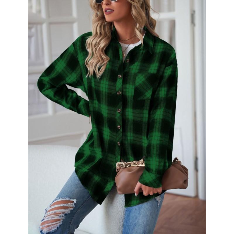 Dámská košile s dlouhým rukávem s kostkovaným vzorem Podzimní a zimní nová ležérní volná košile ve stylu boyfriend Podkošile Jednořadé s klopami Kardigan