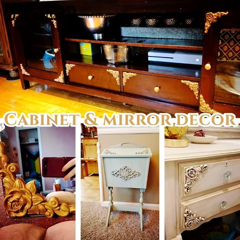 4Pcs Wood Appliques Onlays for Furniture, Handmade Carved Unpainted Corner Decoration for Home Wall Door Bed Cabinet Cupboard Retro Rose Pattern