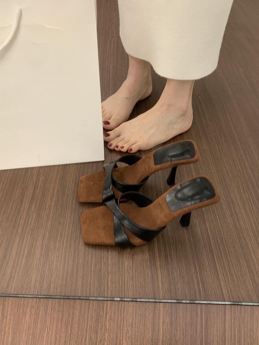 

Celebrity style cross with open-toed square slippers women s summer wear French beautiful 7cm high heels thin heels cool slippers 42