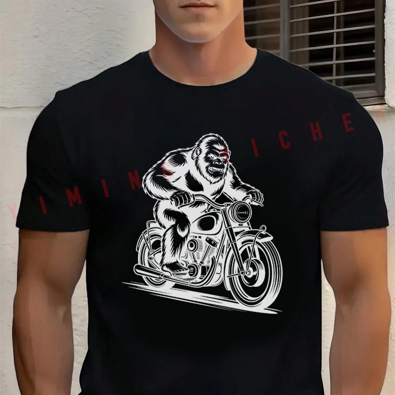 Gorilla Riding Motorcycle Cool Biker Animal T-Shirt Men‘s Cotton Summer Short-sleeved Casual Streetwear Tops Tee