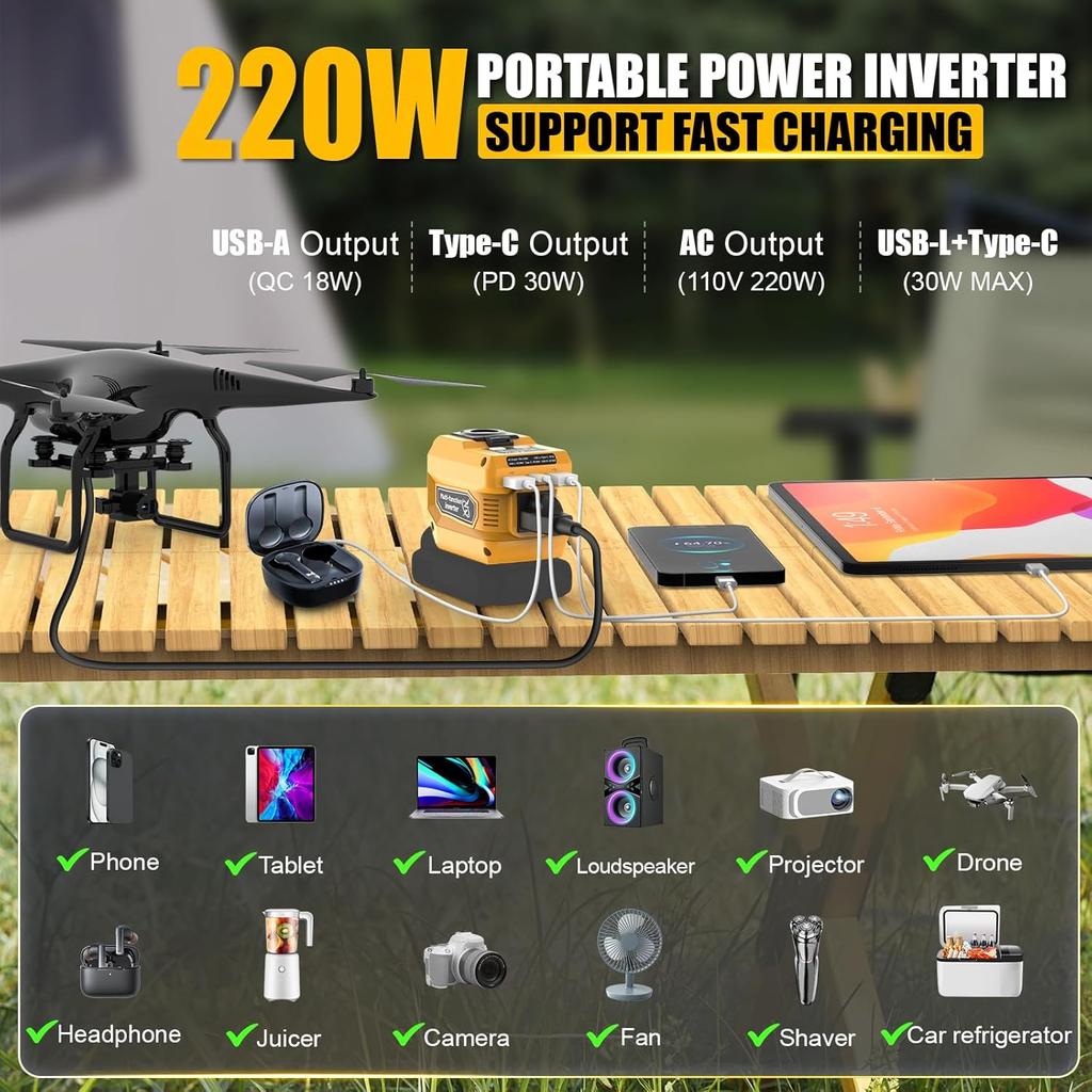 220W Portable Power Inverter Compatible With Dewalt 20V Battery, DC 20V To AC 110V Battery Inverter, Power Station With 400LM LED Work Light, 1 AC