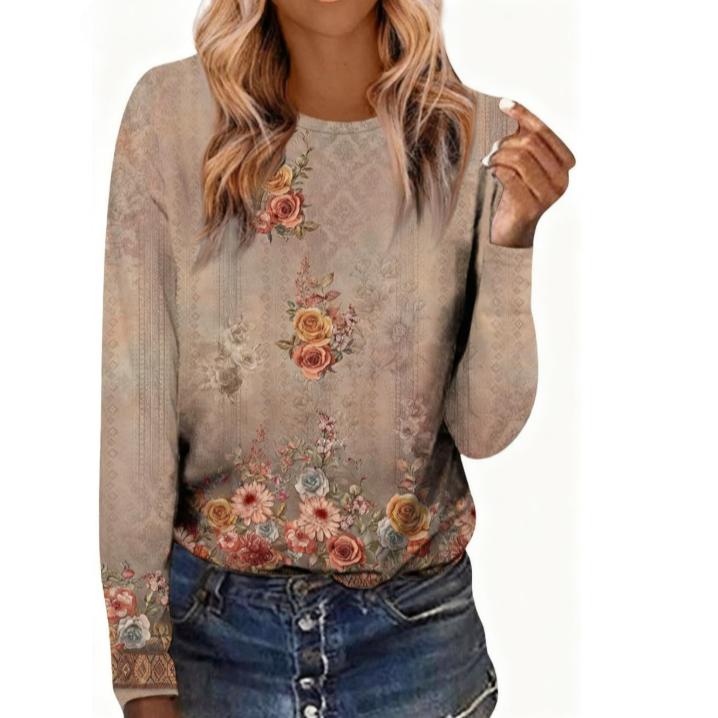 Spring and Autumn Round Neck Retro 3D Printed Top Fashionable Casual Long Sleeved Women's T-shirts