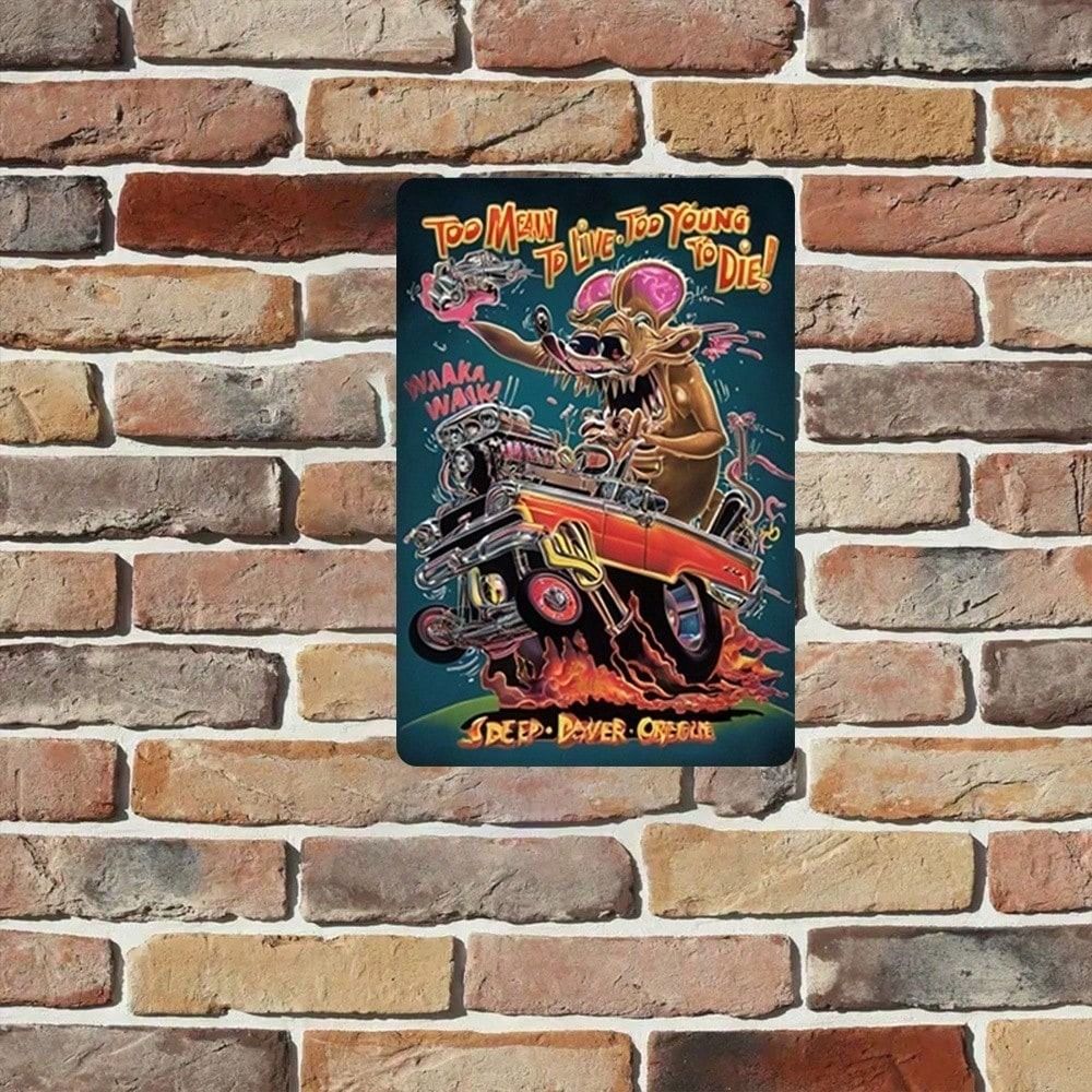 Metal Poster Tin Sign Rat Fink Cartoon 8x12 Inches Vintage Wall Decor for Home Garage Bar Man Cave