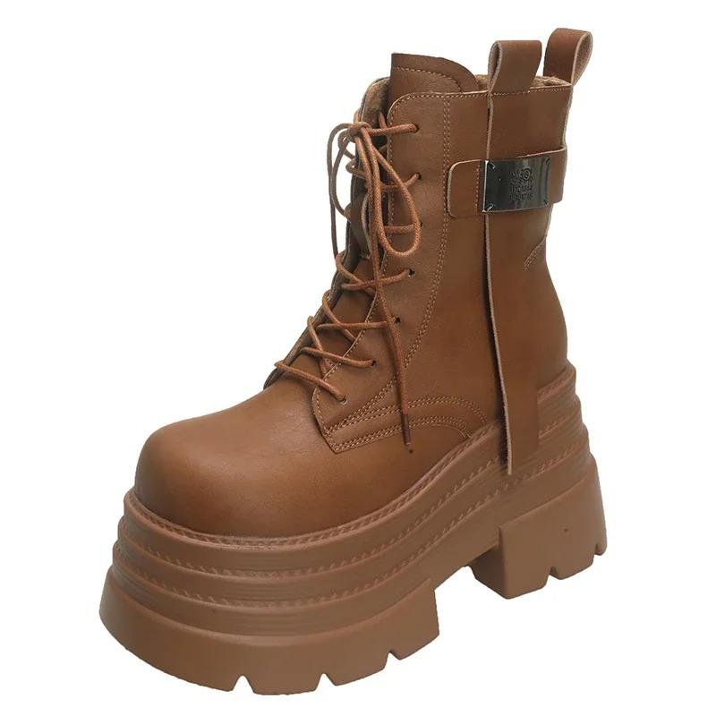 10CM New Women High Platform Ankle Boots Winter Warm Fur Chunky Snow Shoes Lace-up Sneakers Woman Leather Motorcycle Boots Mujer