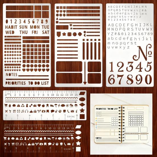 Yousheng 4Pcs Metal Planner Stencil Set Rustproof Engraving Stencils for Journaling Scrapbooks Rulers Numbers Letters Decorative Shapes Templates