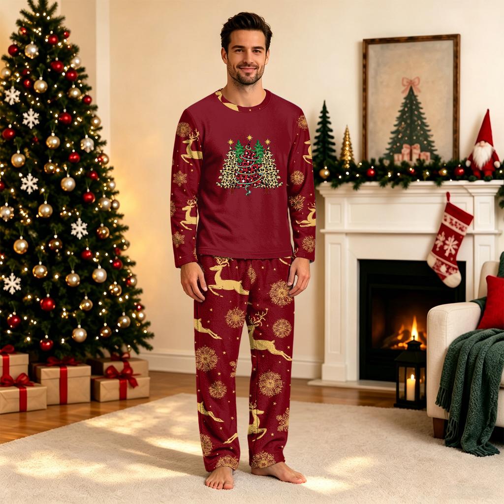 Christmas Print Long Sleeve Long Pants Family Matching Pajama Set for Holiday Loungewear