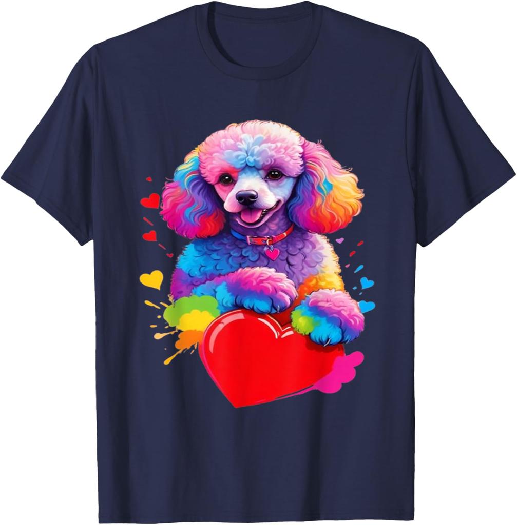 Colorful Rainbow Poodle Heart Graphic Tee Men Casual Short Sleeve Cotton Print T-Shirt