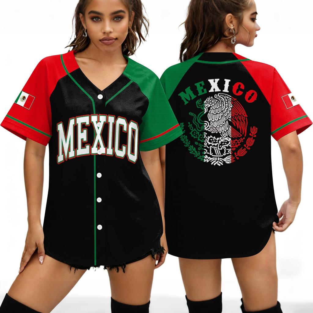 Women's Mexico Soccer Jersey Baseball Shirt Button Down Short Sleeve Lightweight Casual Top for Outdoor Sports and Daily Wear