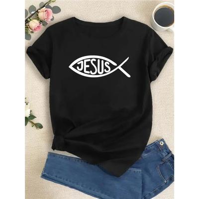 2025 Jesus Fish Symbol Christian T-Shirt O-Neck Gift Tee Short Sleeve Top Women's T-shirt