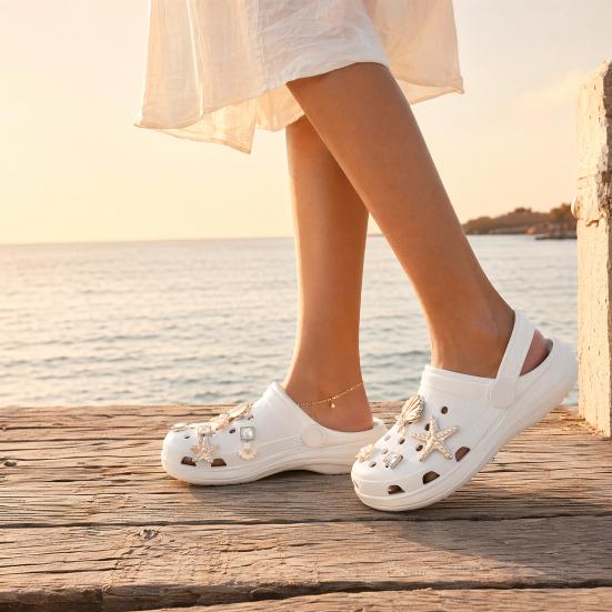 6 Stuks/Set Zomer Strand Schoenschoonmakers, Goudkleurige Schelp Zeester Charms, Oceaan Thema Decoraties voor Klompen Vrouwen Meisjes Schoen Gaten