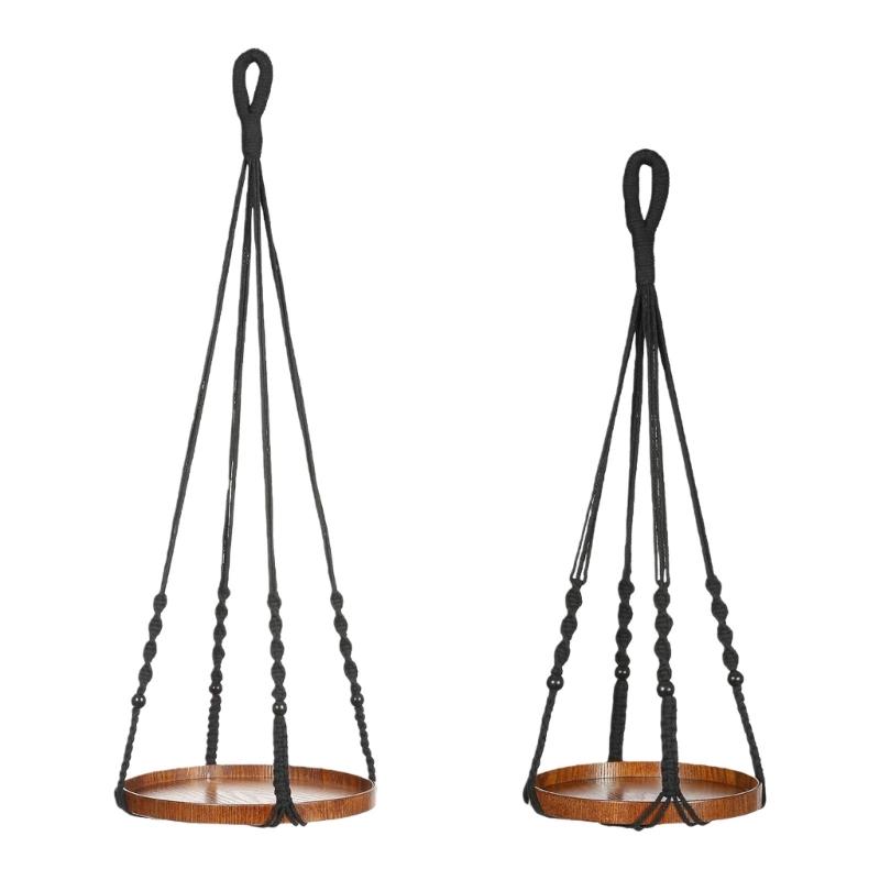 

Handwoven Plant Holder Cotton Rope Wall Mounted Planter Basket with Wooden Base For Indoor Outdoor Garden Decoration 1