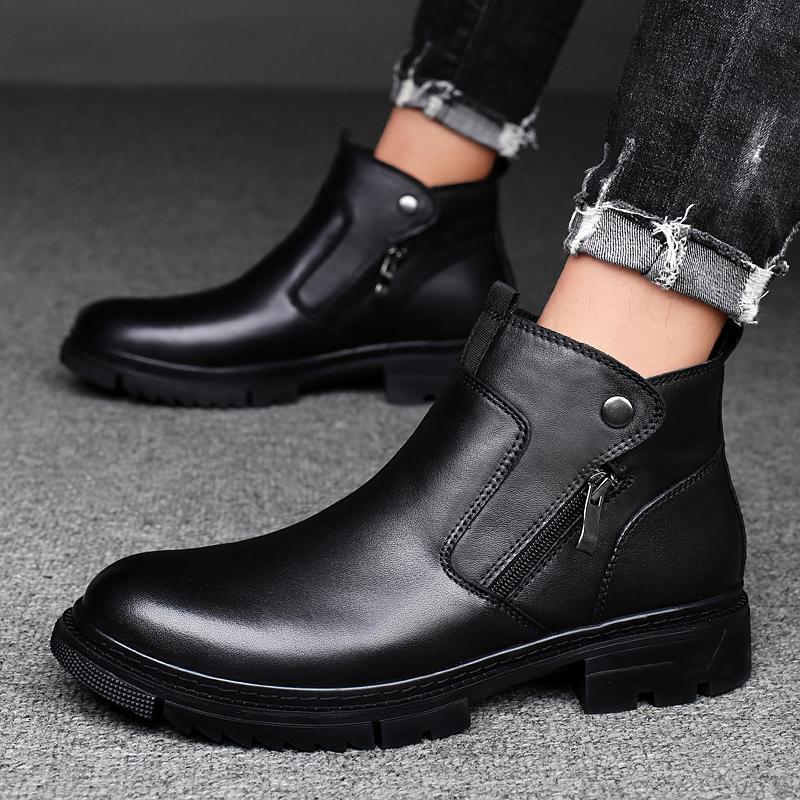 Fashion Warm Plush Winter Boots for Men Side Zipper New Motorcycle Boots Men's Casual Sneakers Genuine Leather Lace Up Outdoor Boots