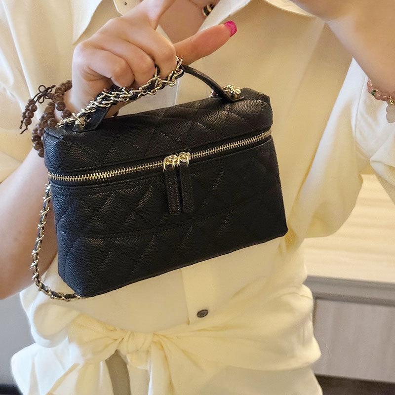 Mini caviar cowhide box bag women's leather chain crossbody small bag lunch box bag