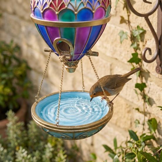 Outdoor Bird Water Station Stained Glass Hot Air Balloon Feeder Fountain, Hanging with Fountain Decorative Resin Tray, Vintage Bronze Garden Decor for
