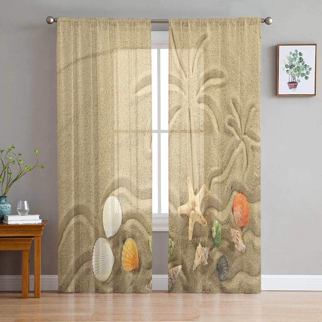 Beach Starfish Shells Leaves Palm Curtains Living Room Bedroom Decor Chiffon Tulle Voile Kitchen Window Curtain Sheer Made Of Polyester Treatment