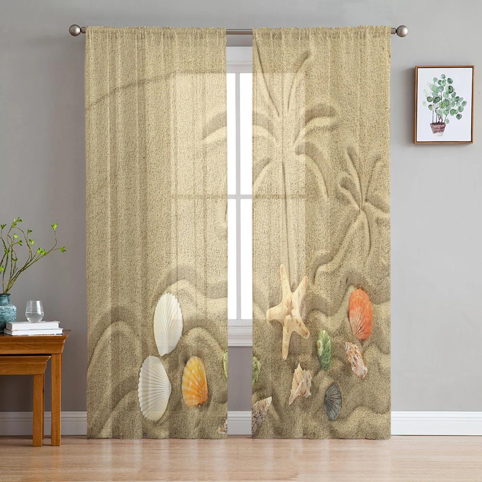 

Beach Starfish Shells Leaves Palm Curtains Living Room Bedroom Decor Chiffon Tulle Voile Kitchen Window Curtain Sheer Made Of Polyester Treatment W100*H130(CM)-Hooks&2PCS