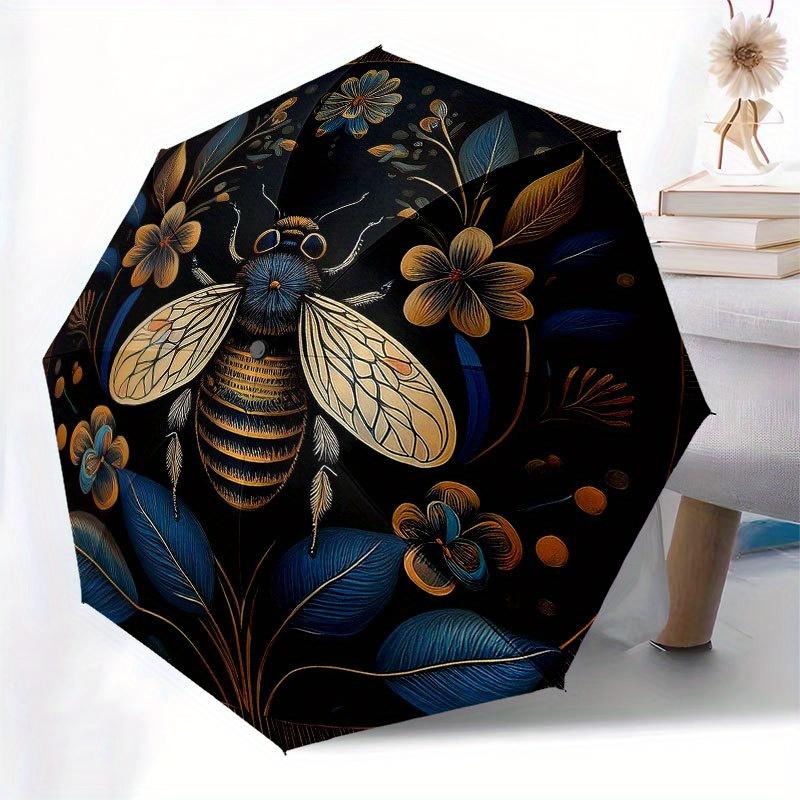 Golden Bee & Floral Circular Wall Art DecorUmbrella with Cute Design, Portable 3-Fold Compact Umbrella for Men & Women, Valentine's Day Mother's Day H