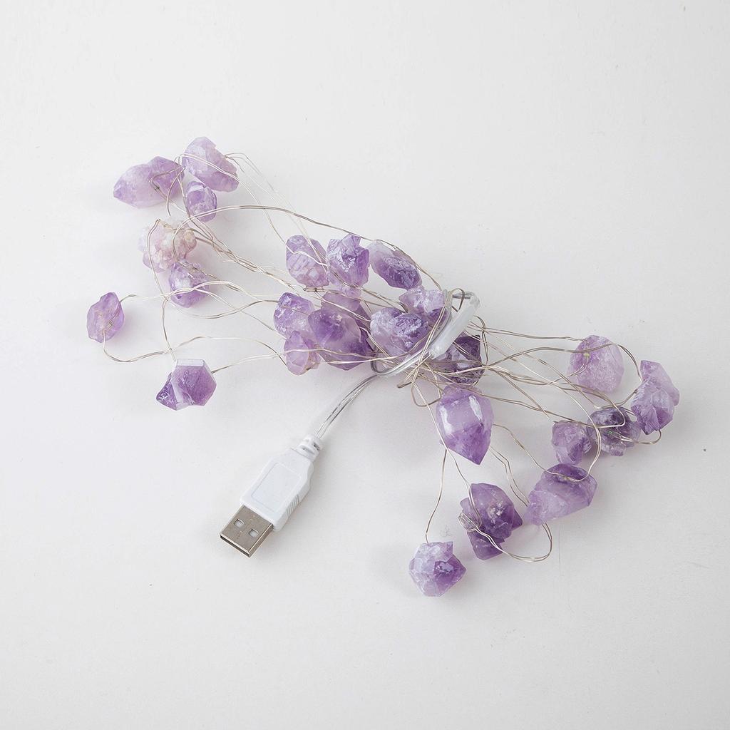 Natural Amethyst Decorative Lights Crystal String Lights Raws Stones 30 LEDs With Remote Control, Hanging Reikis Ornaments