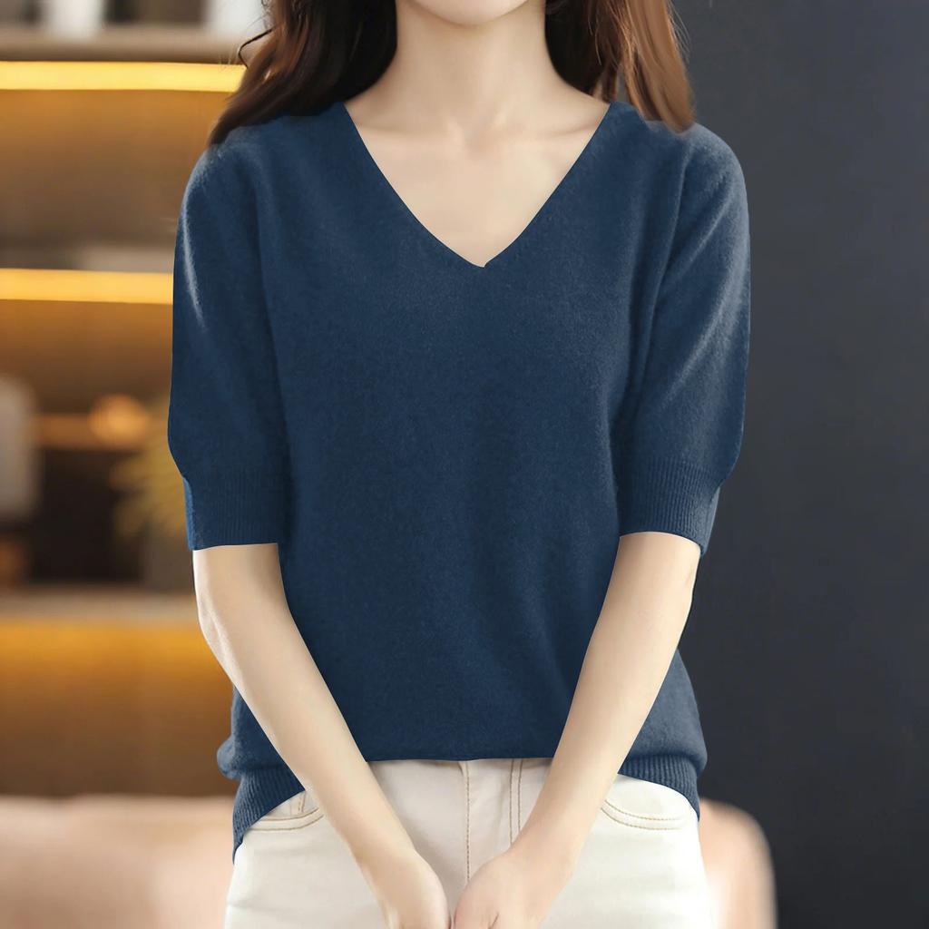 Women's Fashion Loose Knit Sweater Bottom Shirt V-Neck Pullover Sleeves Solid Color Top
