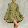Women's Stylish Color Long Sleeve Neck Ruffle Dress with Elastic Waist