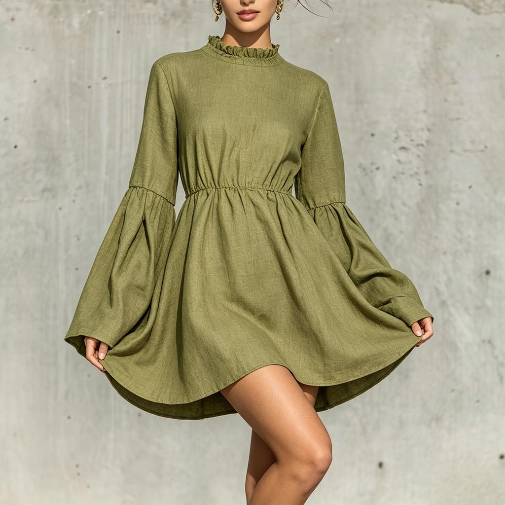Women's Stylish Color Long Sleeve Neck Ruffle Dress with Elastic Waist
