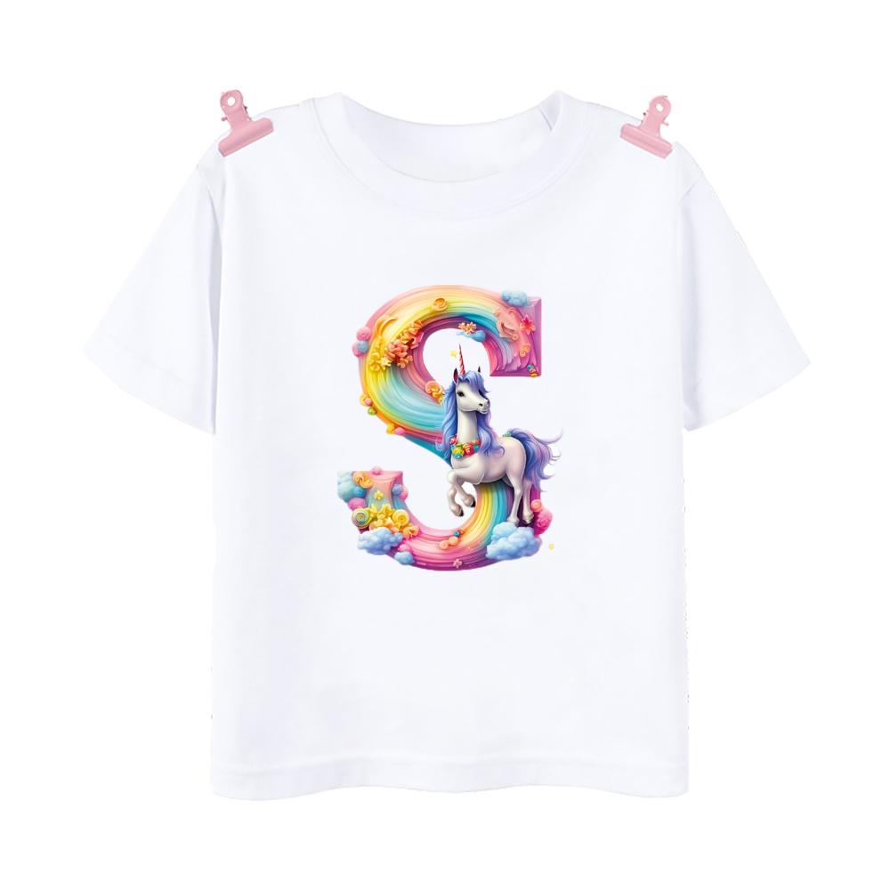 Unicorn Rainbow Initial A-Z Printed Kids Shirt Child Summer T-shirt Boys Girls Short Sleeve Tops Clothes Cute Toddles Outfit Tee