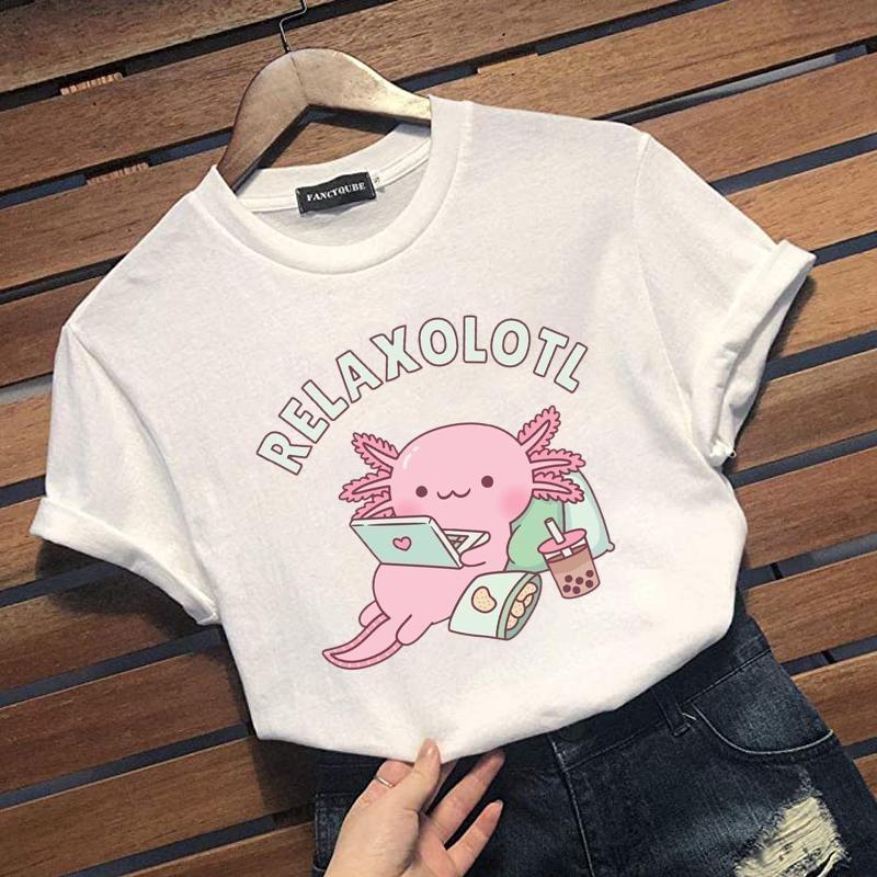 New Personalized Creative Axolotl Graphic Print T-shirt Cute RELAXOLOTL Harajuku Casual Loose Short-sleeved Shirt