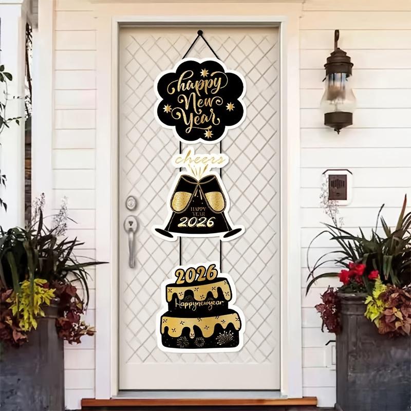 1/3pcs New Black Gold New Year Door Hanger Cake Cheer Door Pendant 2026 Happy New Year Christmas Flag Party Festival Decoration
