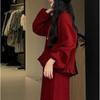 Retro Red Ruffled Knit Skirt Suit for Women - Winter Plus Size Two-Piece, Elegant High-End Style