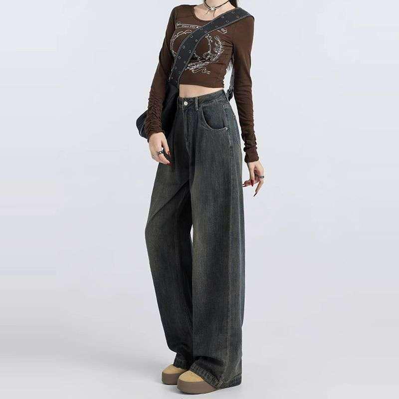 Women's Cement Gray High-Waisted Wide-Leg Jeans - Autumn Winter Retro Style, Petite Loose Fit