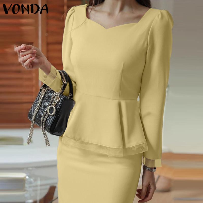 

VONDA Весенние женские топы с квадратным вырезом и длинными рукавами с рюшами