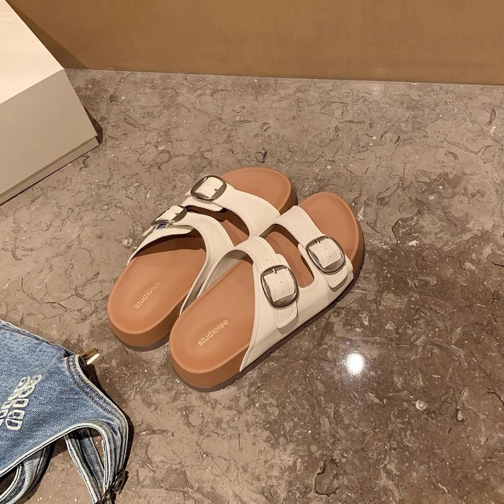 Cowhide version~ Height increase 3.5cm lazy round head double buckle with beach wear cool slippers women