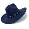 New Western Cowboy Hat, Black Woolen Jazz Top Hat, Four Seasons Men'S And Women'S Turquoise Crimped Felt Hat