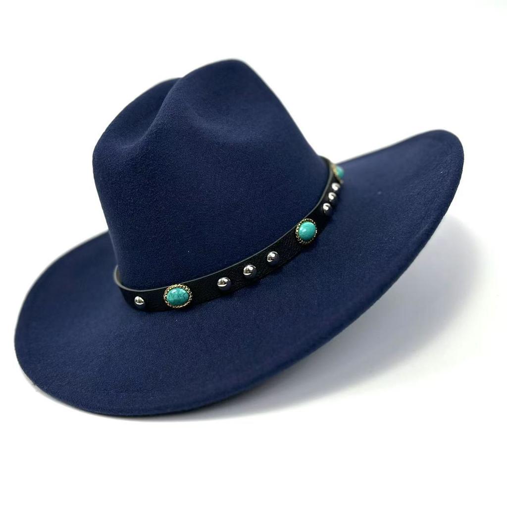 New Western Cowboy Hat, Black Woolen Jazz Top Hat, Four Seasons Men'S And Women'S Turquoise Crimped Felt Hat