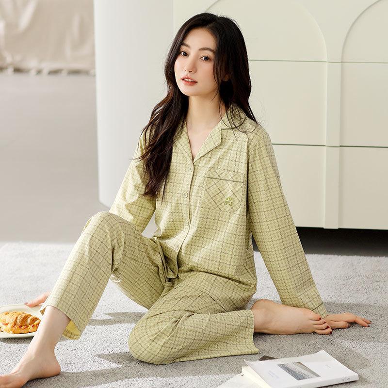 Pure Cotton Pajamas Women'S Spring And Autumn Long-Sleeved Lapel Cardigan Can Be Worn Outside Loungewear Large Size Set