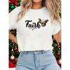 European Size European Size Women's T-shirt, Faith Butterfly Floral Print, White Short Sleeve Round Neck Printed T-shirt - Machine Washable