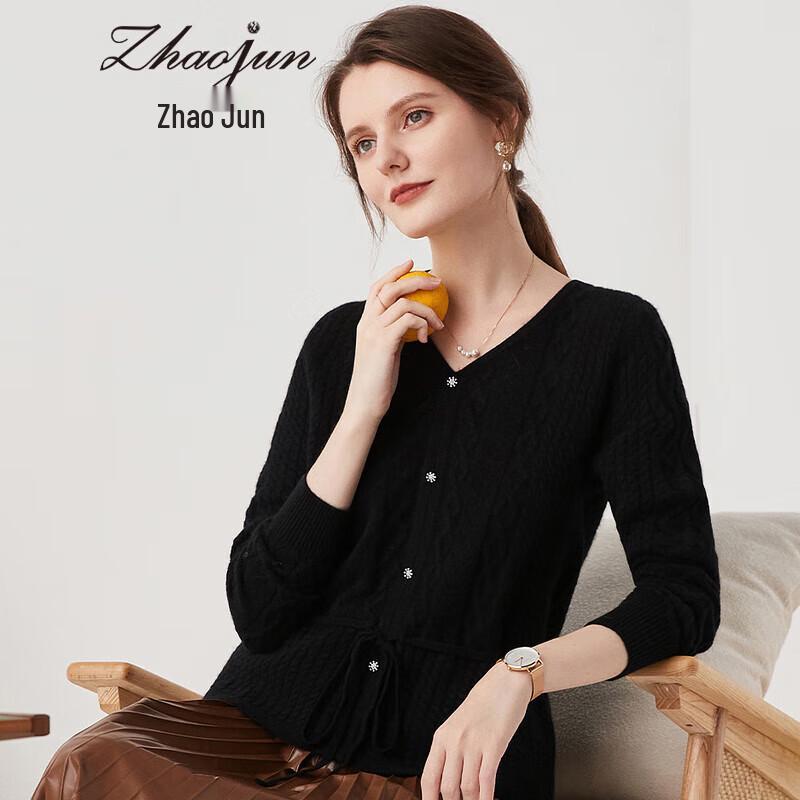 

Женский кашемировый пуловер с V-образным вырезом и кабельным узором L