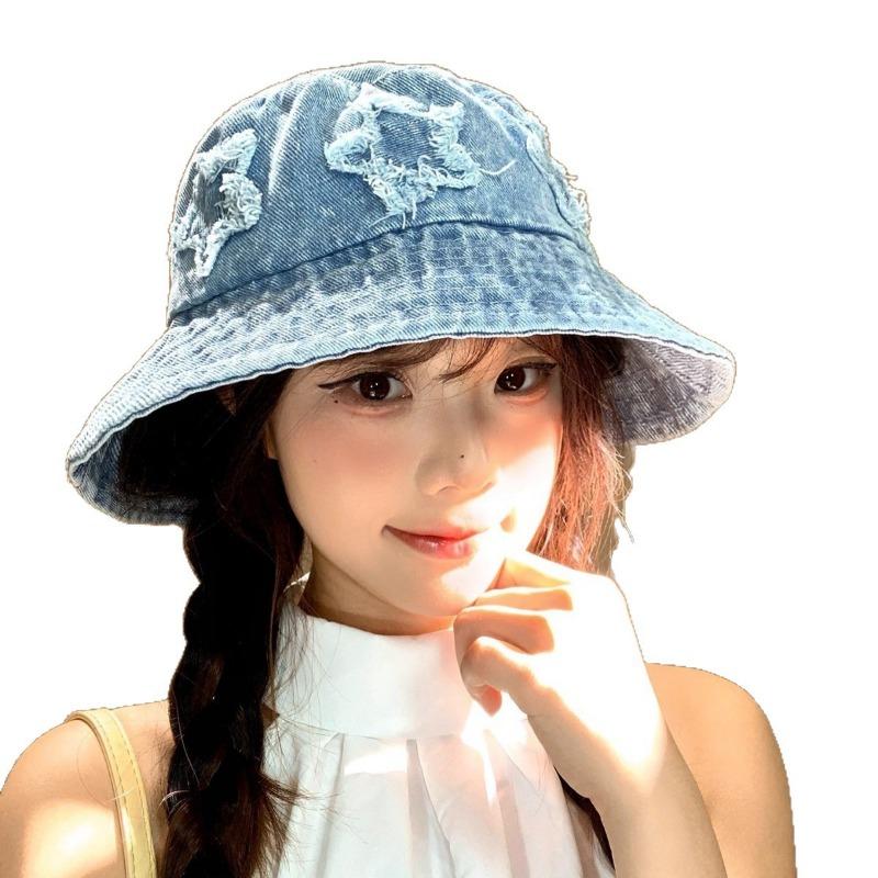 Autumn Washed Old Denim Hat Women's Bucket Hat Washbasin Hat Pentagram Versatile Bucket Hat