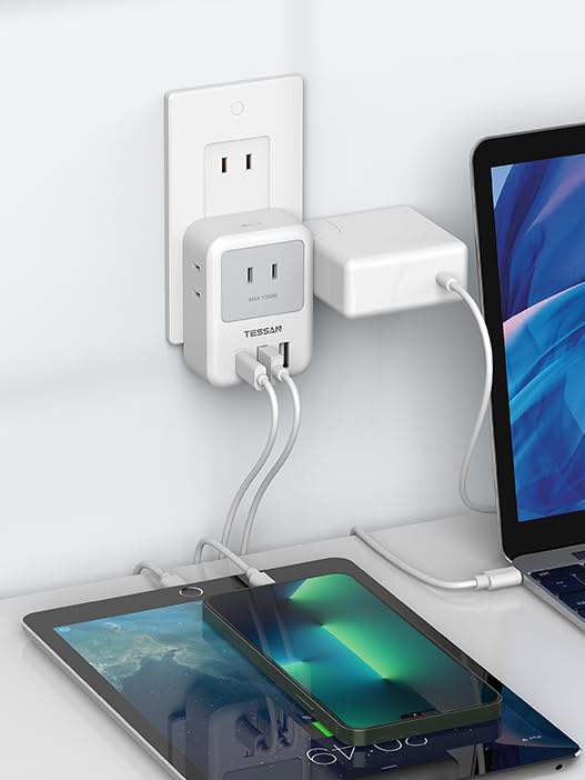TESSAN USB Outlet Power Strip with 3 AC 2 1 USB Lightning Compact and For Use in Japan Only Tap, USB-C, Outlets, Type-A Ports, Type-C Port,